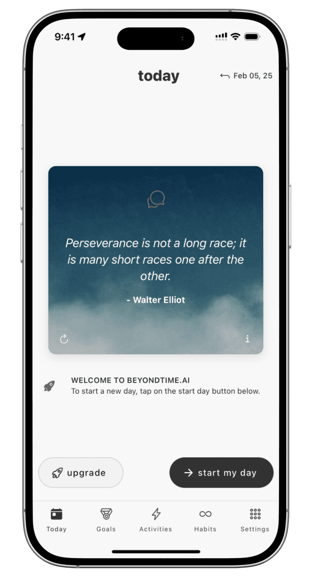 beyondtime.ai daily inspiration screen with AI-curated motivational quotes and goal-focused content