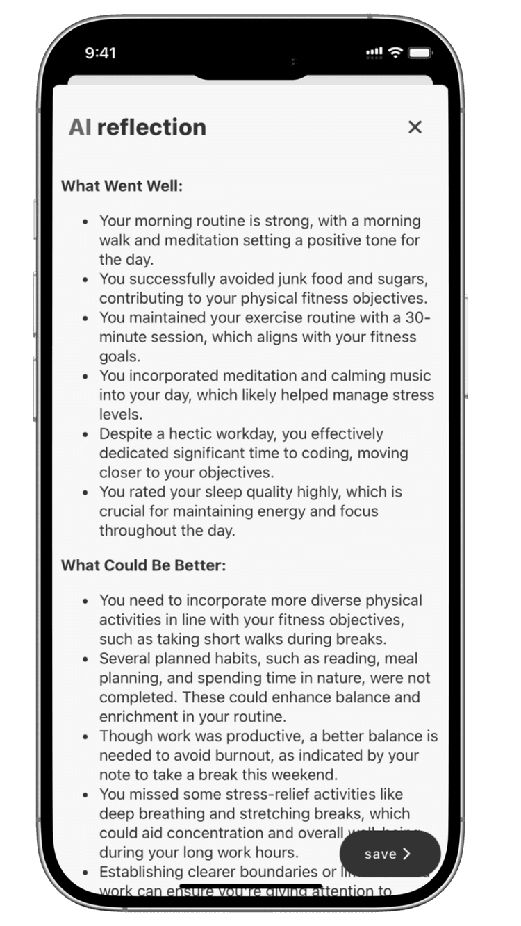 beyondtime.ai daily reflection feature providing comprehensive insights, pattern recognition, and improvement suggestions