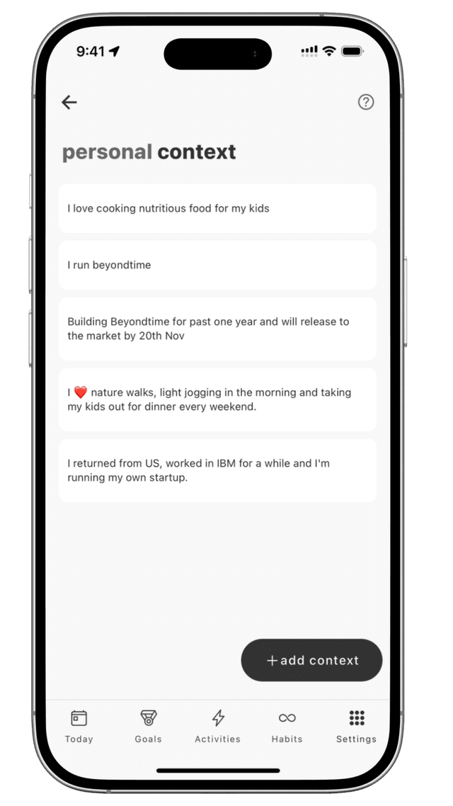 beyondtime.ai personal context interface for sharing life details, preferences, and limitations to improve AI suggestions