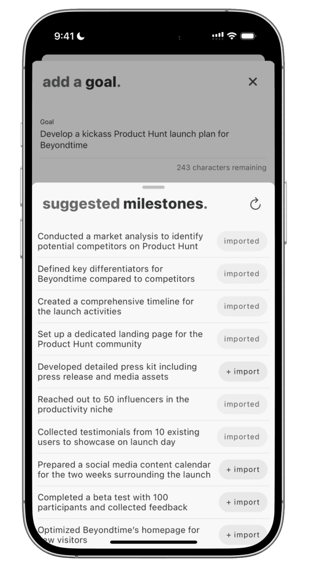 beyondtime.ai goal achievement system with AI-generated milestones and actionable steps for reaching objectives